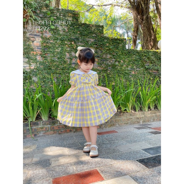 Váy bé gái chất cotton, đầm bé gái size 1-12 tuổi, đầm trẻ em màu vàng kẻ