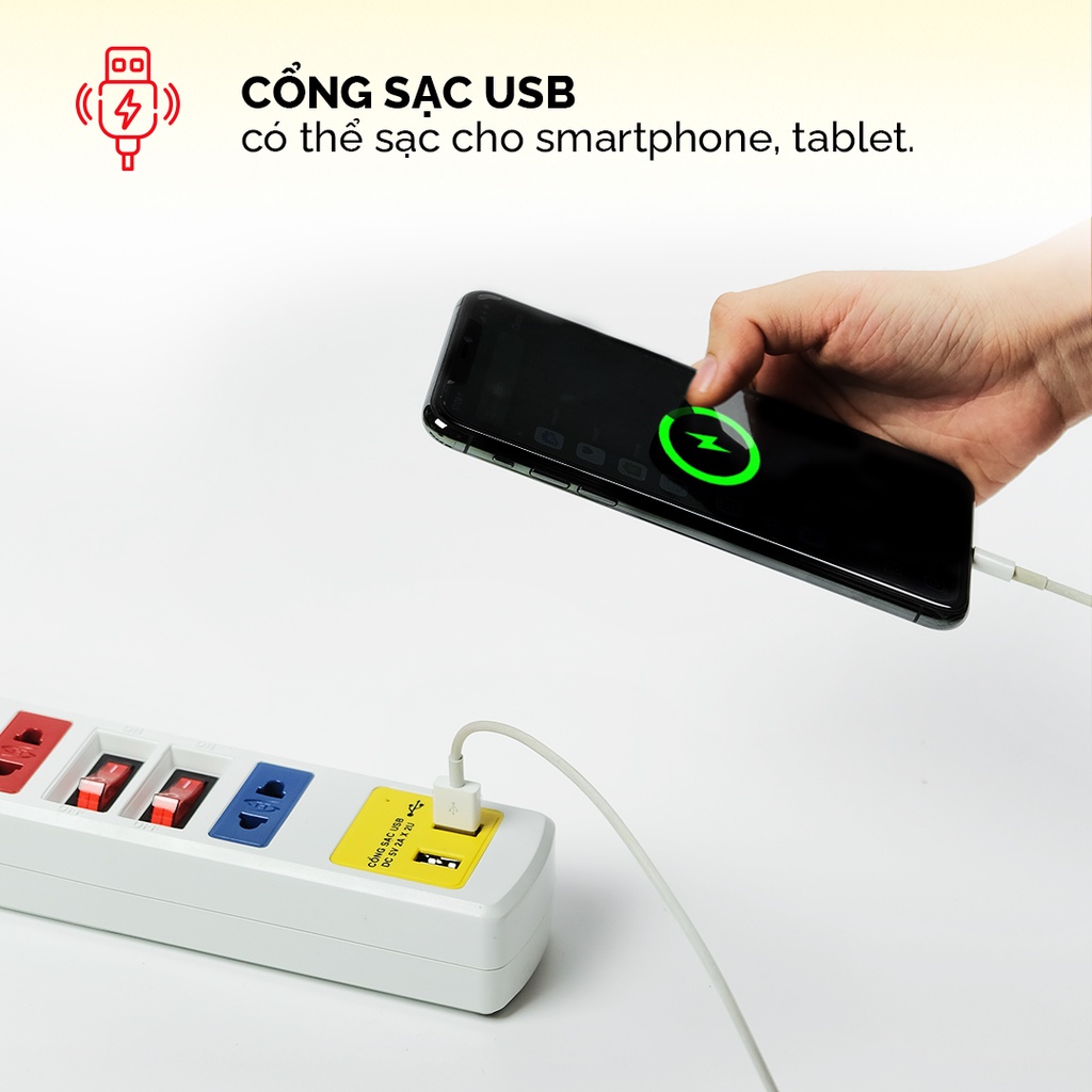 Ổ cắm điện đa năng có USB Honjianda Mã 03 Loại 2 công tắc Dây 3m - an toàn chống quá tải