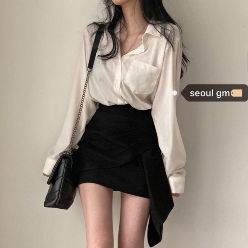 Set áo sơmi trắng mix chân váy tuyết mưa vạt lệch