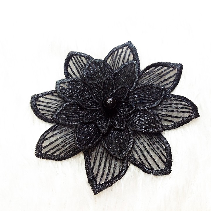 Hoa voan thêu 3D đen size 10cm trang trí áo đầm siêu đẹp bông đính kết váy