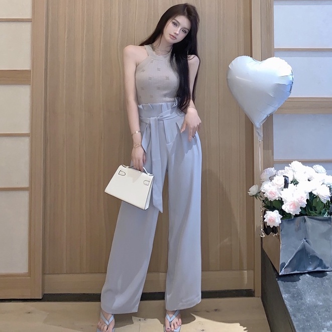 Set Áo Hai Dây Dệt Kim + Quần Short Lưng Cao Phong Cách Hàn Quốc Cho Nữ