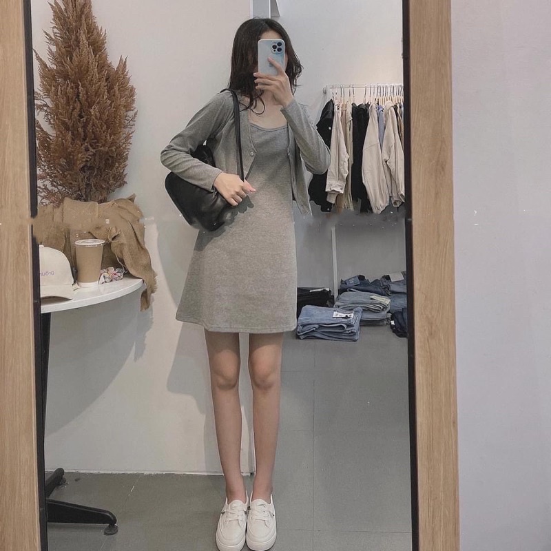 Váy hai dây kèm áo cadigan khoác ngoài - váy nữ đi chơiSet