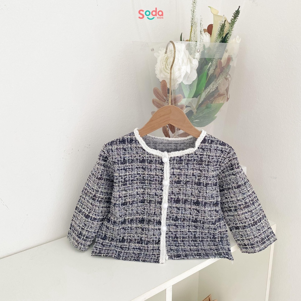 Áo khoác dạ tweed bé gái, thiết kế viền trắng cổ tròn, dạ mềm phong cách tiểu thư Hàn Quốc