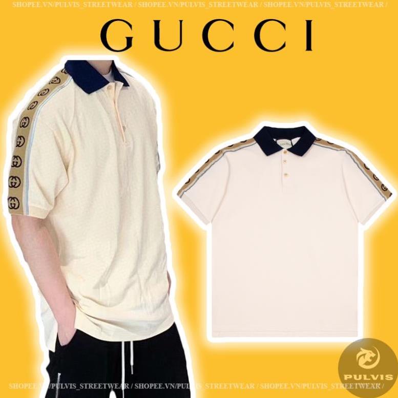 ⚡️ - Áo Polo Gu*CCI Cotton Piquet Polo With Interlocking G stripe Cream, Áo polo GC THE LAZ