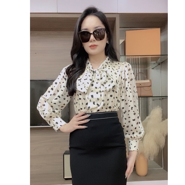 Áo sơ mi nữ dài tay nơ cổ họa tiết chấm bi đen ZYM'S HOUSE K1123