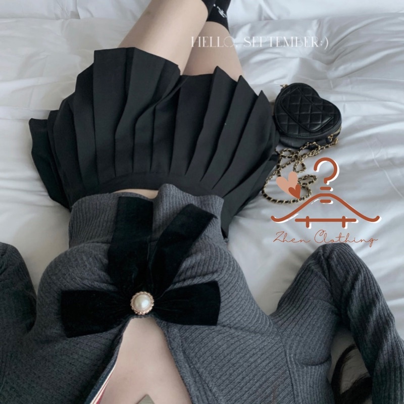 Set áo thun croptop kèm nơ + chân váy xếp li phong cách Hàn Quốc dễ thương