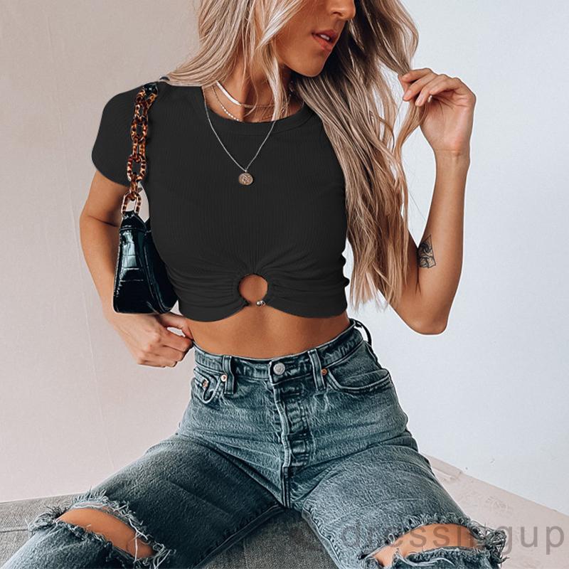 Áo Thun Tay Ngắn Cổ Tròn Màu Sắc Đơn Giản Thời Trang Dành Cho Nữ