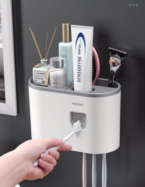 GQ376 Bộ nhả kem và cốc để bàn chải đánh răng tự động tiện lợi nhựa ABS an toàn (Tặng Kèm Miếng Dán)