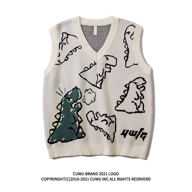 Áo gile len Sát Nách Dáng Rộng Cổ Chữ Hoạt Hình Khủng Long