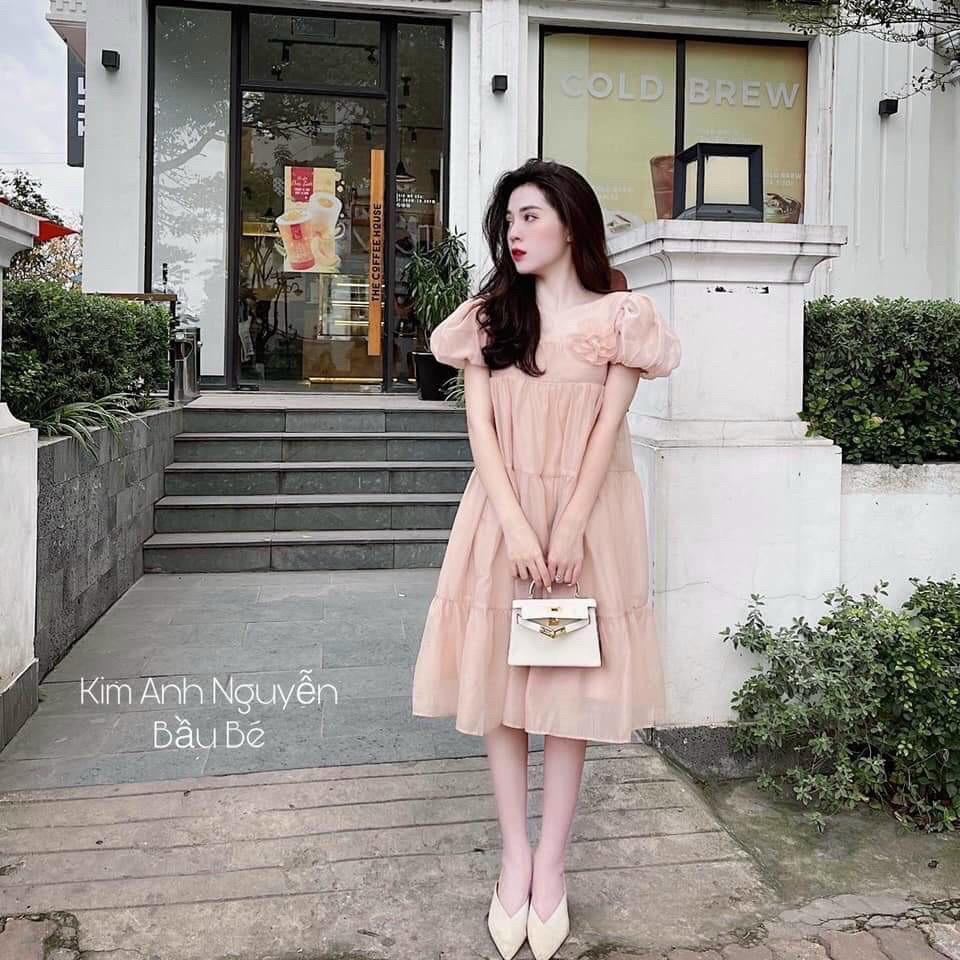 Váy tơ hồng nude tag hoa trà