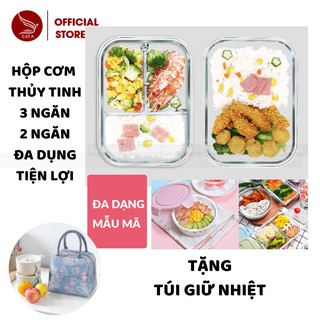 Hộp đựng cơm thủy tinh chia 3 và 2 ngăn đựng thức ăn, tặng túi giữ nhiệt- GIÁ RẺ NHẤT THỊ TRƯỜNG [Hình chữ nhật- 1050ML]