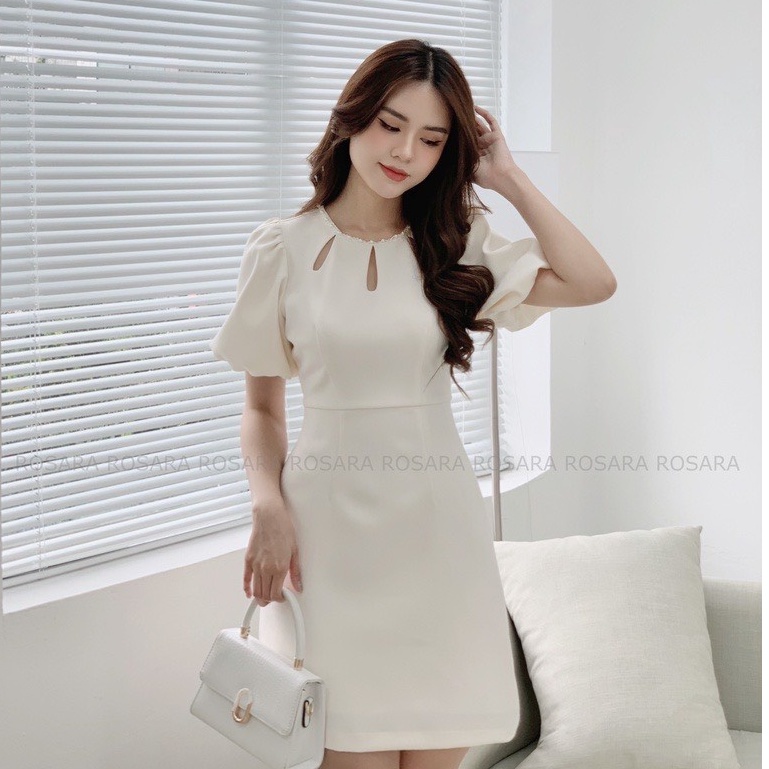 Váy Đầm Nữ Trắng Thiết Kế Cut Out Dáng Xòe Công Sở Sang Chảnh V29 Rosara