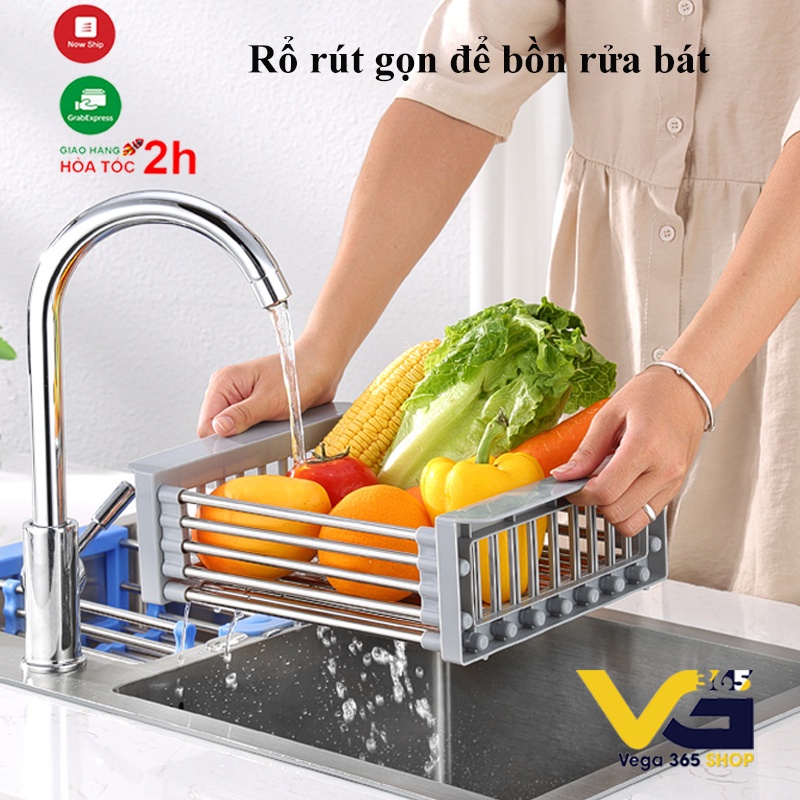 Rổ kéo rút gọn inox bồn rửa bát, rổ, giá ráo nước tiện lợi