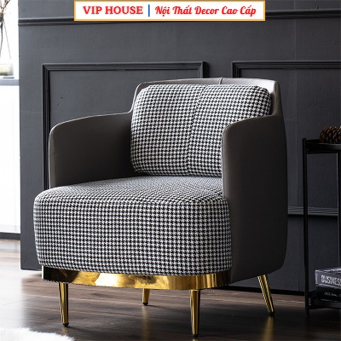 Ghế sofa đơn chân sắt mạ vàng nệm nỉ tựa lưng da cao cấp - Sofa nỉ phòng khách - Ghế salon trang trí nhà đẹp GNK009