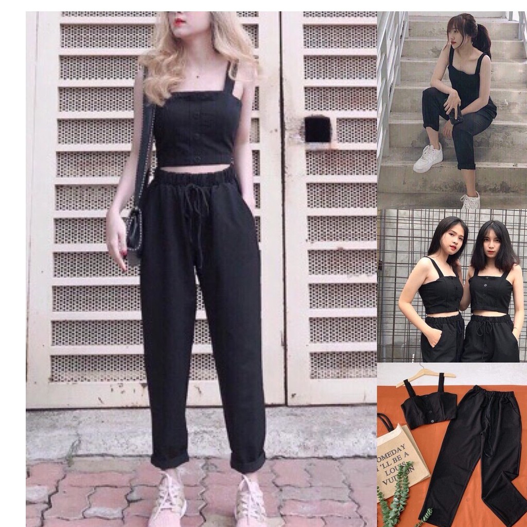 SET ÁO CROPTOP THIẾT KẾ 2 DÂY MIX QUẦN BAGGY HOT