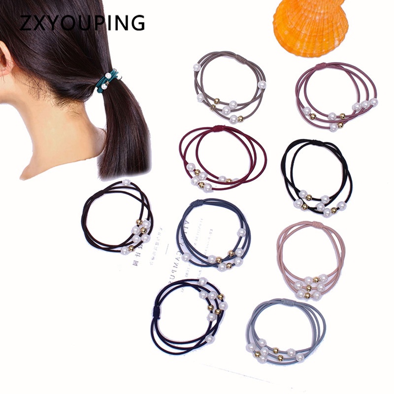 Dây buộc tóc nhiều sợi co giãn đính ngọc trai thời trang Hàn Quốc