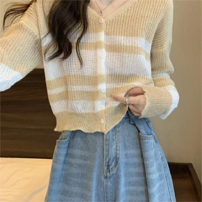 ZHELIHANGFEI Áo Cardigan Dệt Kim Tay Dài Cổ Chữ V Lưng Cao Kẻ Sọc Dễ Phối Đồ