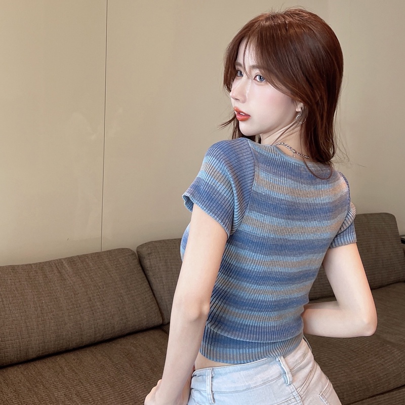 Áo Thun Ngắn Tay Cổ Vuông Họa Tiết Kẻ Sọc Màu Tương Phản Thời Trang Mùa Hè Dễ Phối Đồ Cho Nữ