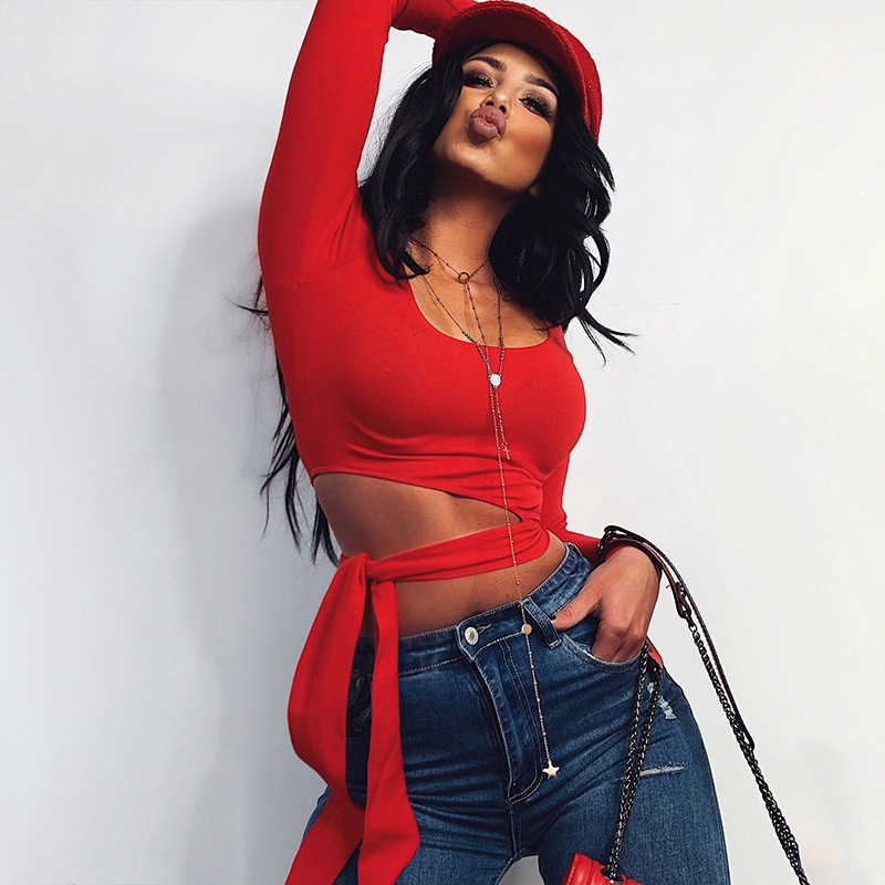 Fashion Women Slim Plain Ribbon Knot Hollow Top Scoop Neck Long Sleeve Street Tshirt | BigBuy360 - bigbuy360.vn