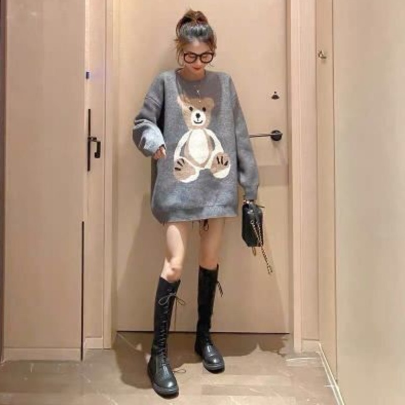 Áo sweater dệt kim dáng rộng in hình gấu hoạt hình phong cách Hàn Quốc