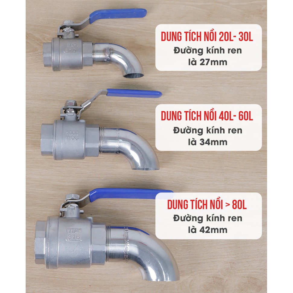 Van xả kèm Vòi xả nồi nấu phở dung tích nồi từ 20L đến 150L- Đường kính Ren van 27mm, 34mm, 42mm