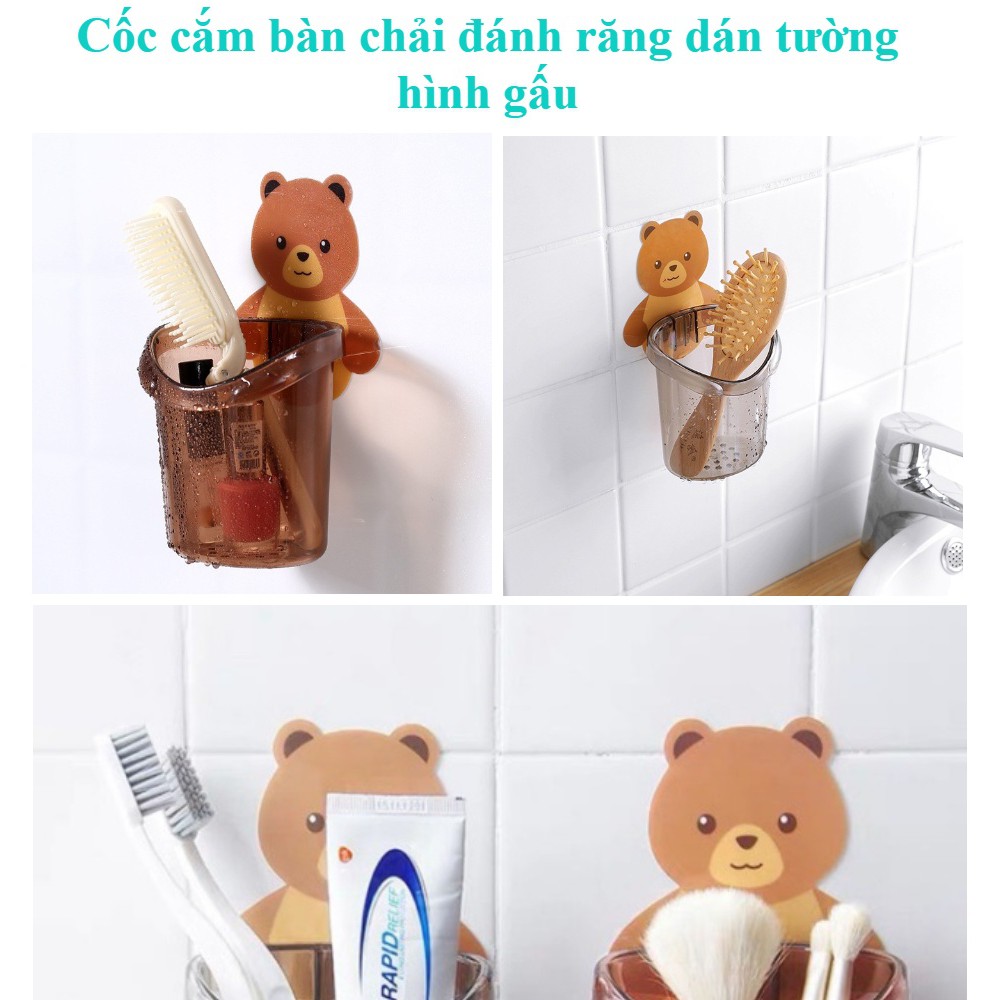 Cốc gấu dán tường đựng bàn chải kem đánh răng kệ gắn tường nhà tắm dùng làm quà tặng đồ gia dụng đẹp CGC - NÂU ĐẬM