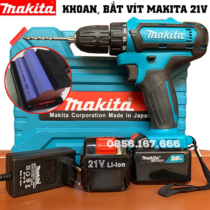 Máy Khoan KB Dùng pin MAKITA 21V - Tặng Mũi khoan, Pin Vuông 5 Cell, 100% đồng, Máy bắt vít Makita 21v