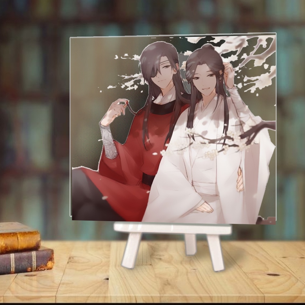 Tranh kính THIÊN QUAN TỨ PHÚC anime chibi acrylic mica trong trưng bày trang trí góc học tập giá gỗ