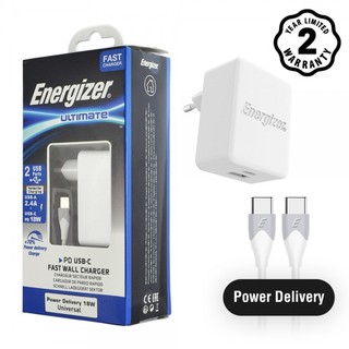 Sạc Energizer 30W PD18W 1USB-C/1USB, kèm cáp USB-C2 màu trắng - AC11PFEUUCC3 (New)