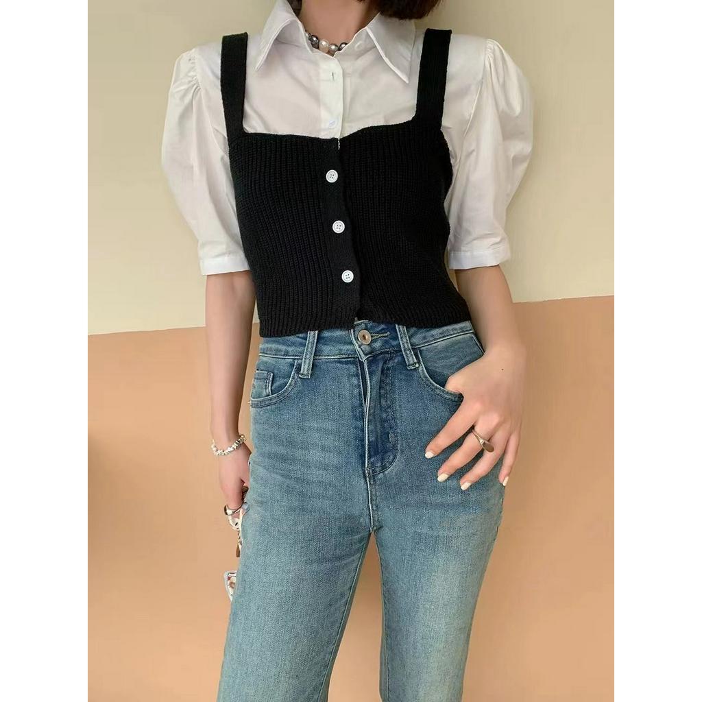 ZHELIHANGFEI Áo Sơ Mi Tay Phồng Giả Hai Lớp Phong Cách Thời Trang Phương Tây Dành Cho Nữ