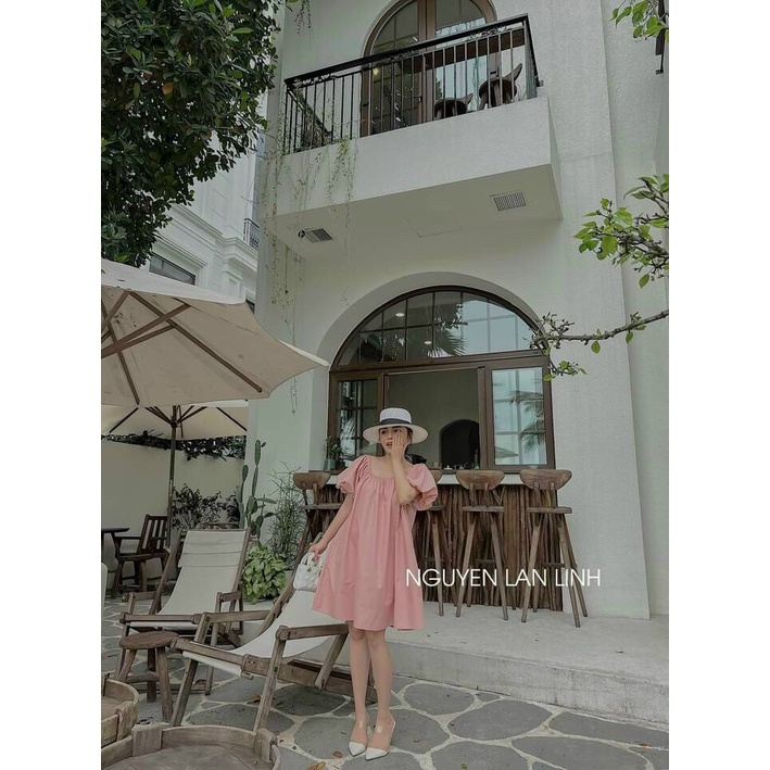 [8.8 Sales Freeship] Váy đầm bầu cổ tròn dáng suông, đầm babydoll tay phồng xoè cột nơ sau đi biển dễ thương