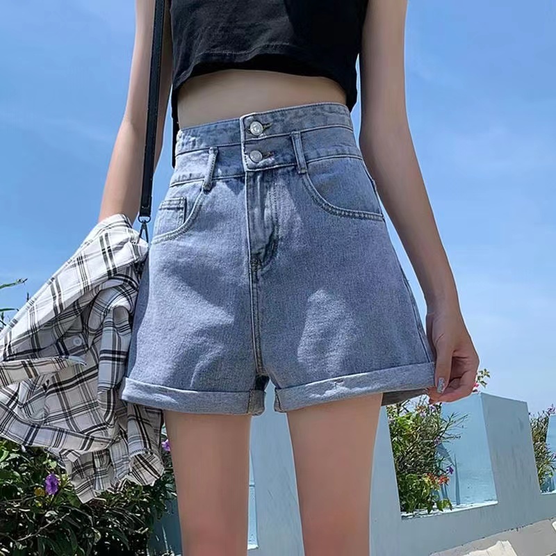 Quần Short Denim Ống Rộng Lưng Cao Màu Trơn Thời Trang Mùa Hè Hàn Quốc Cho Nữ