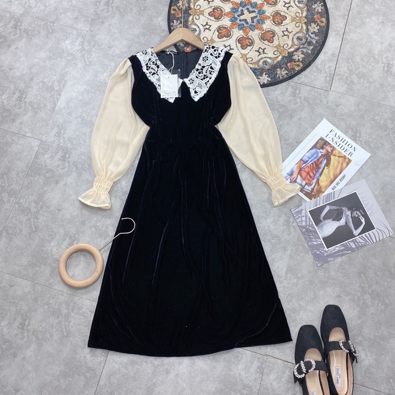 Váy Nhung phối Cổ Ren