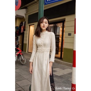 Áo dài dạ tweed thiết kế màu trắng sữa