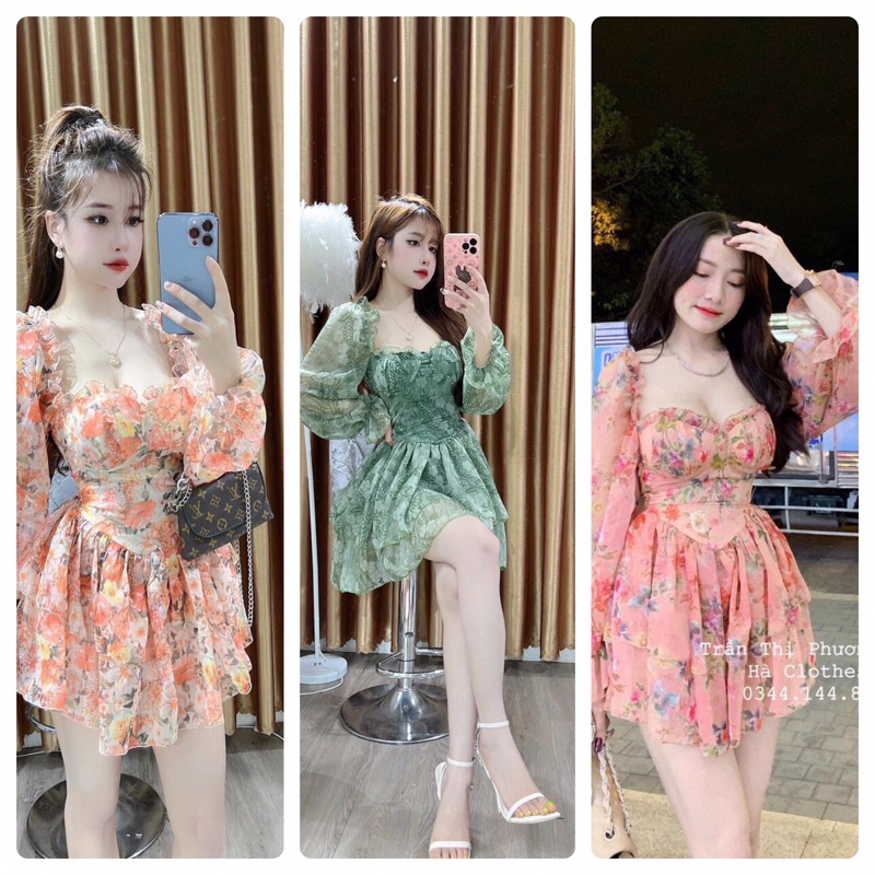 JUM HOA CỔ VUÔNG TAY DÀI HAI TẦNG CÓ MÚT CÓ LỚP LÓT