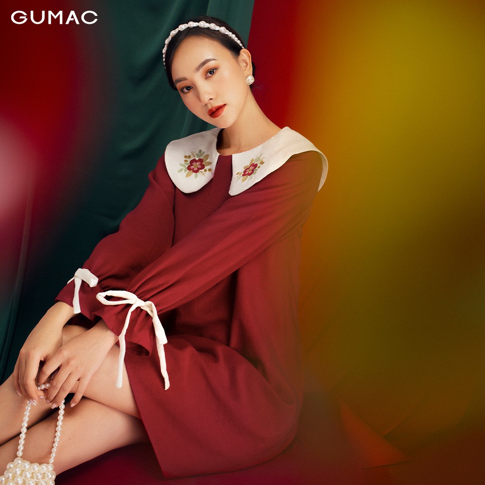 Đầm suông nữ mới đẹp thêu lá GUMAC thời trang nữ màu đỏ cực quyến rũ đủ size DB1156 | BigBuy360 - bigbuy360.vn