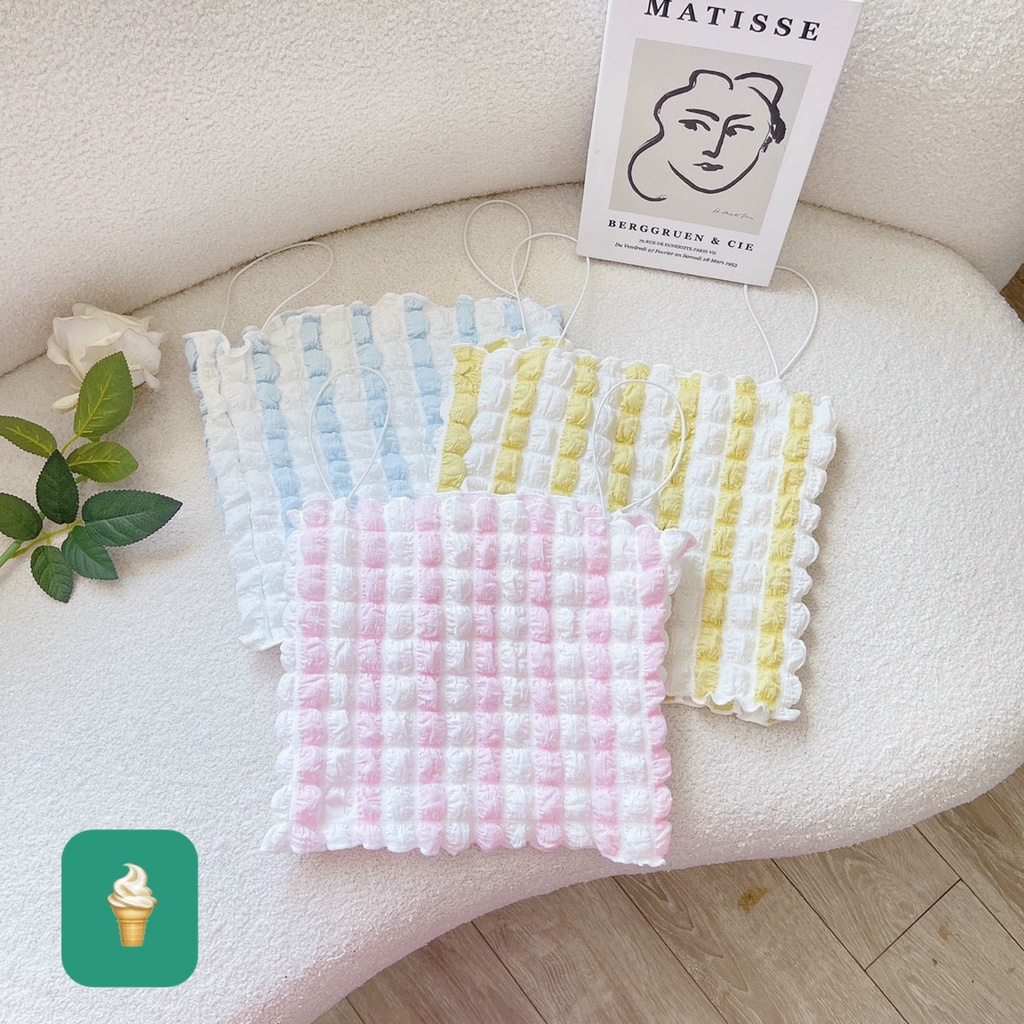 Áo 2 dây xốp phồng vuông màu sọc dễ thương , kiểu dáng croptop