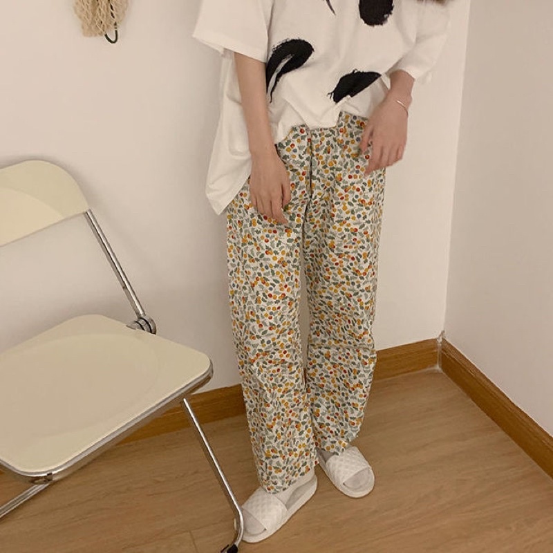 [CÓ SẴN] Quần ngủ dài dáng suông pijama hoa lá đồ ngủ dễ thương ullzang Hàn Quốc