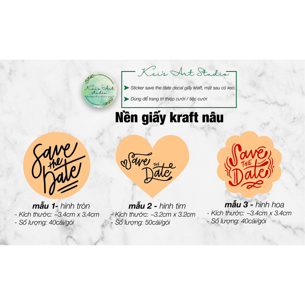 Sticker &quot;save the date&quot; trang trí tiệc cưới, thiệp cưới - giấy kraft / trắng bóng