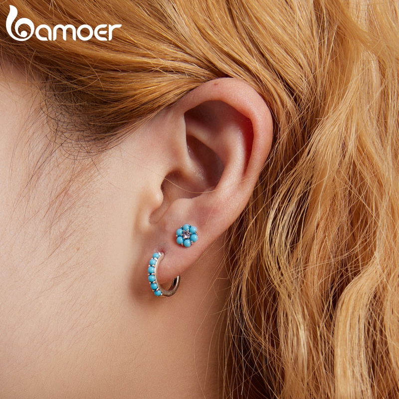 Bông tai BAMOER bạc 925 đính đá ngọc lam giả thời trang cho nữ