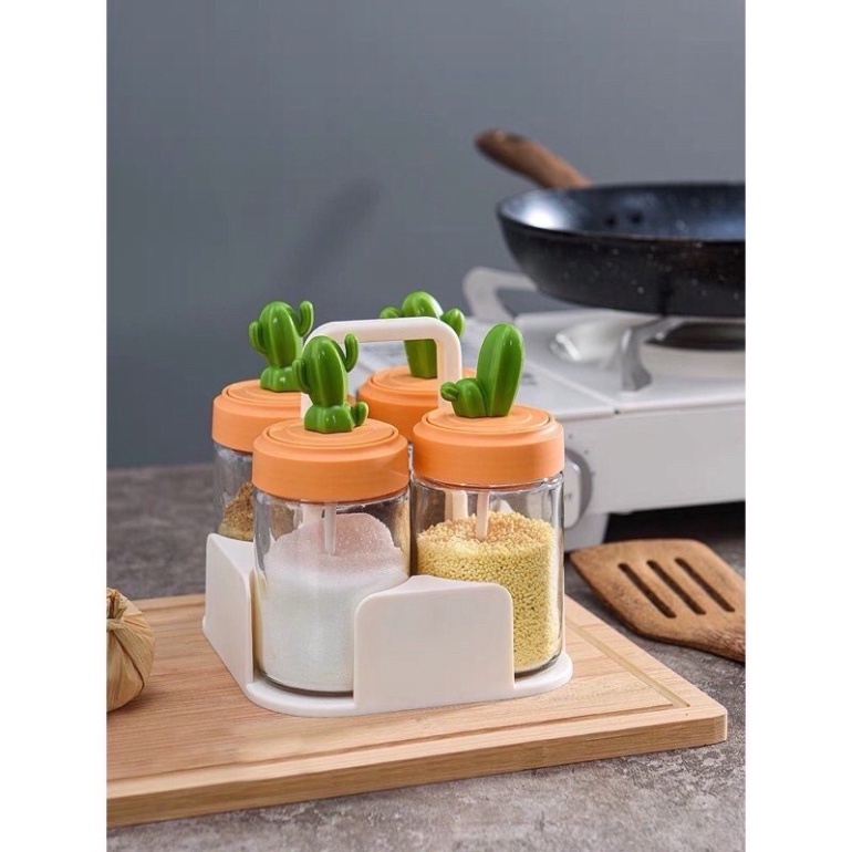 Hũ đựng gia vị thủy tinh xương rồng cao cấp,kèm khay để tiện lợi gọn gàng không gian bếp,kèm muỗng thìa đẹp