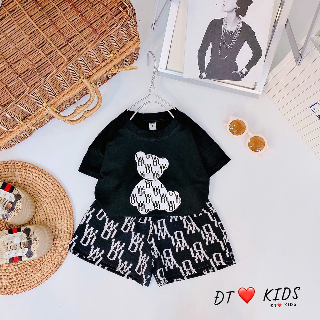 Bộ hè cho bé, Bộ cộc tay chất cotton gấu IDW 4 màu xinh xắn cho bé gái bé trai