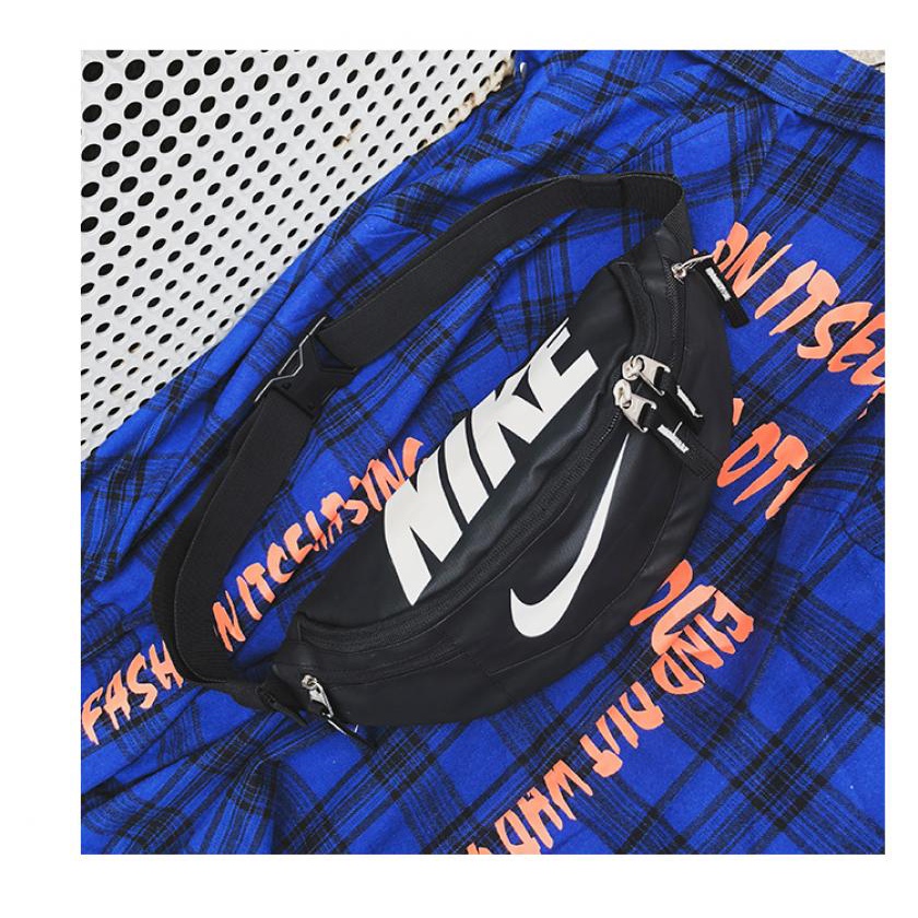 NIKE Black blue sling bag thin shoulder strap waist bag, large letter waist sling, two-way zipper men's bag, women's bag, school