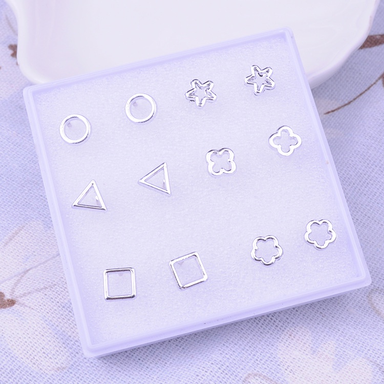 Set 6 đôi hoa tai bông tai Hàn Quốc 42342 hình học ánh bạc thời trang 10 mẫu