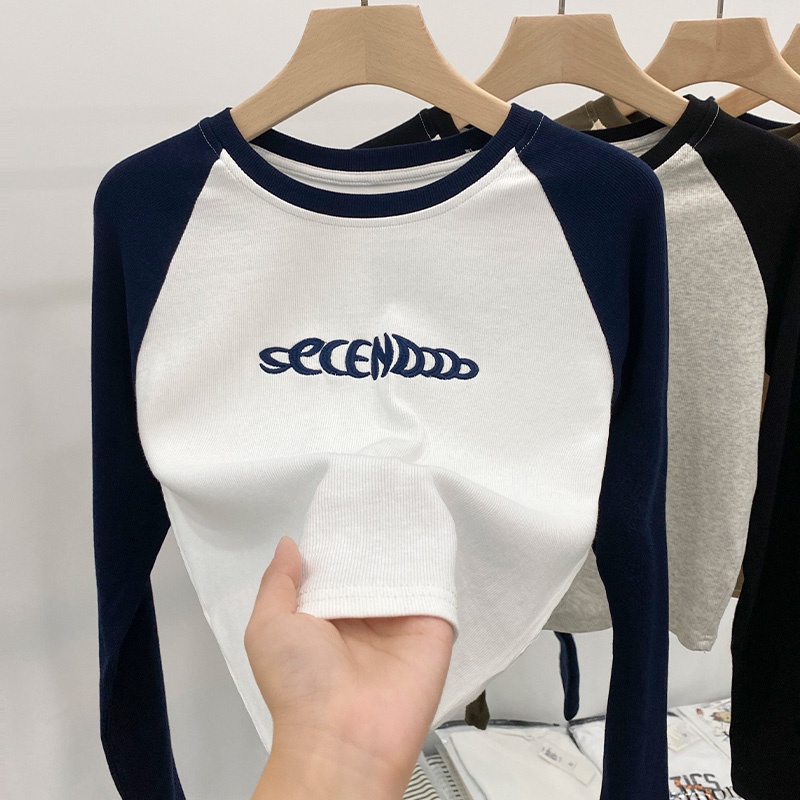 Áo Thun Ngắn Dài Tay Thêu Chữ Màu Sắc Tương Phản Phong Cách Retro Mỹ 54638