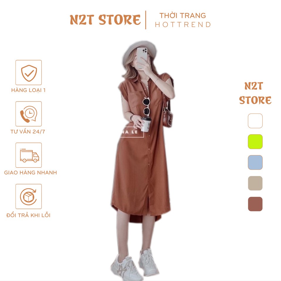 Váy Sơ Mi Đũi Túi Ngực Dáng Xuông, Đầm Xuông Hàn Quốc Basic