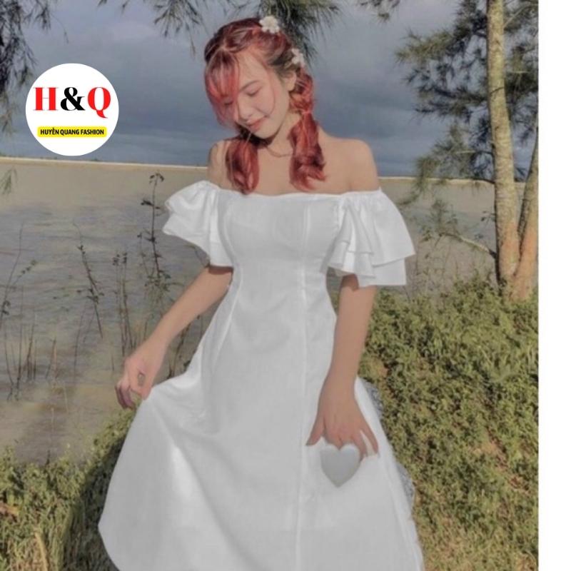 Váy Nữ Trễ Vai Tay Bồng Dáng Xòe Tiểu Thư Style Hàn Quốc 2 Màu Đen Trắng.
