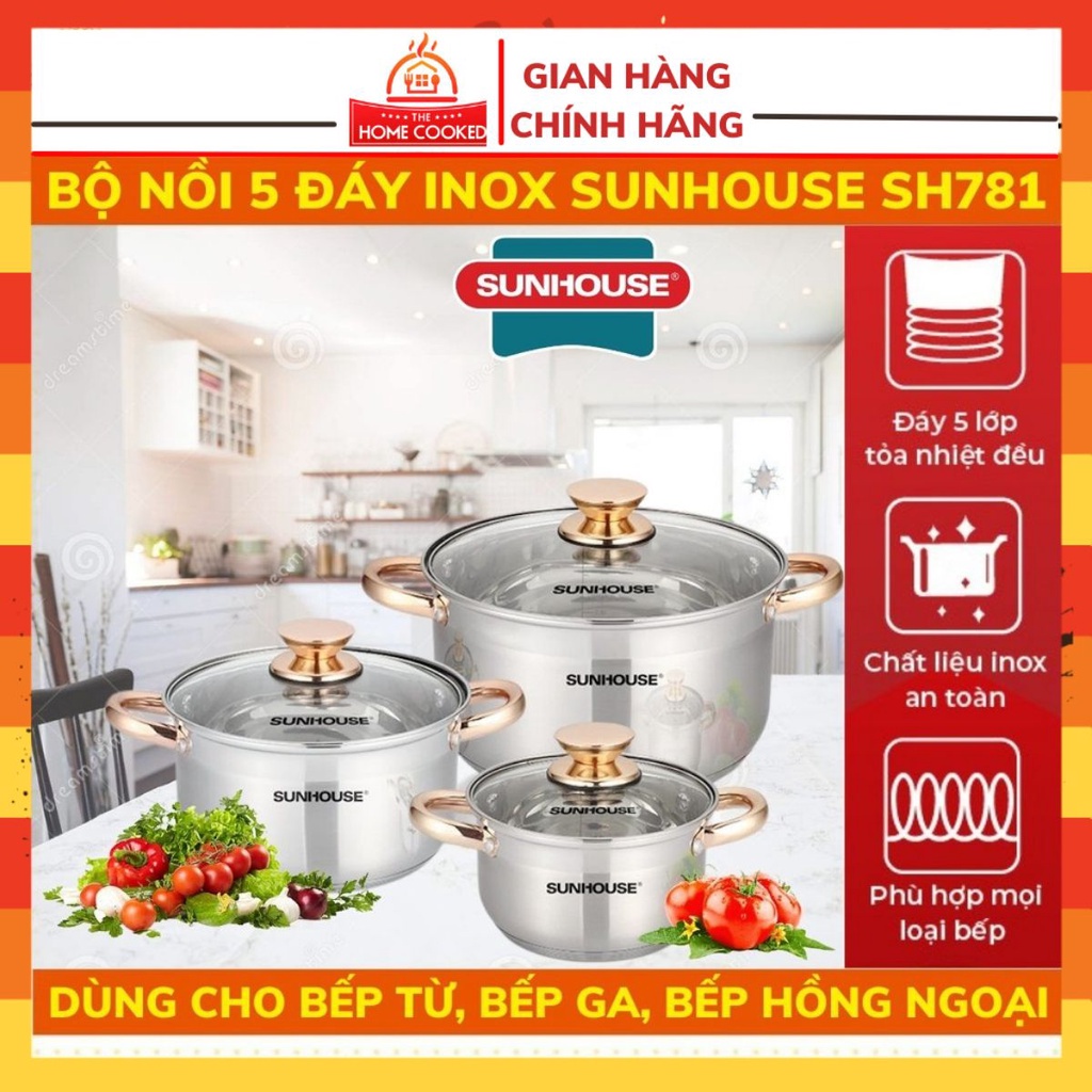 Bộ Nồi Inox 5 Đáy Sunhouse SH781 3 Chiếc - Phù Hợp Với Mọi Loại Bếp