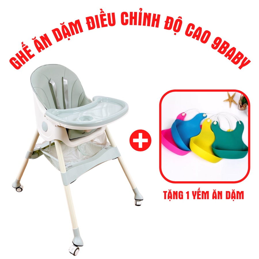 TẶNG KÈM YẾM ĂN DẶM !!! Ghế ăn dặm 9BABY, full phụ kiện dành cho bé màu xanh lá - Mẫu có bánh xe