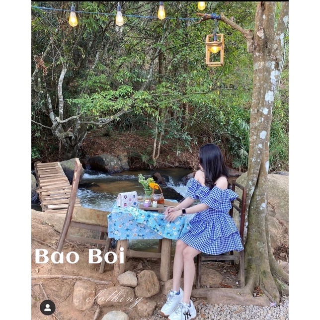 Váy Xinh Caro Xanh Trễ Vai - Váy Tầng Dáng Xoè Ulzzang Style (Hàng Loại 1)